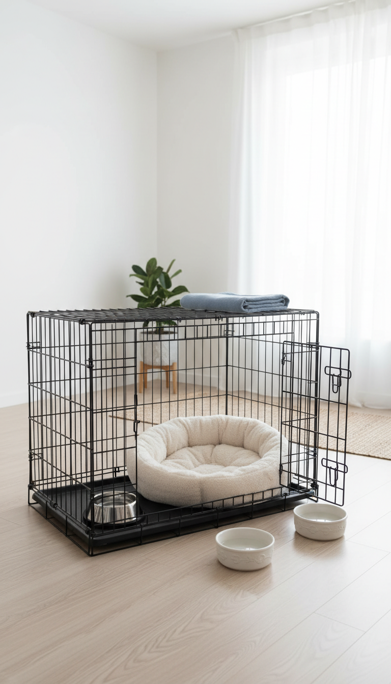 Pet crate ready for travel with bedding and water bowl