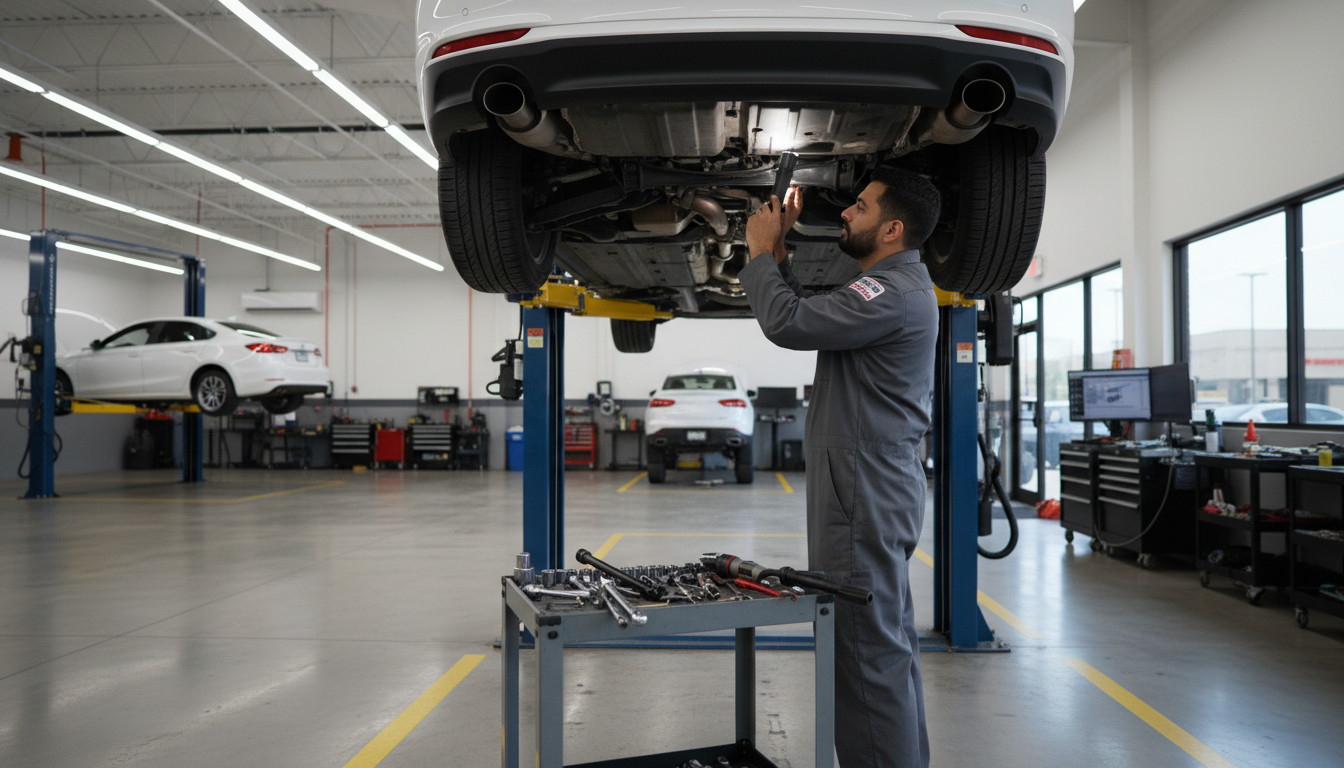Local Houston conditions require a more frequent maintenance schedule than generic manual recommendations. Expert mechanic performing a detailed inspection under a vehicle in a modern Houston auto repair facility.
