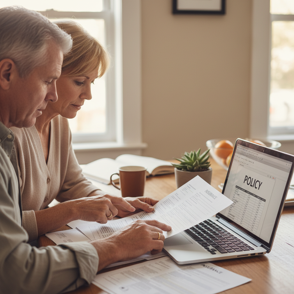 Carefully reviewing your Medicare Supplement options is vital because South Carolina does not offer a yearly 'birthday rule' for switching plans. Middle aged couple sitting at their kitchen table reviewing insurance documents together with a laptop open.