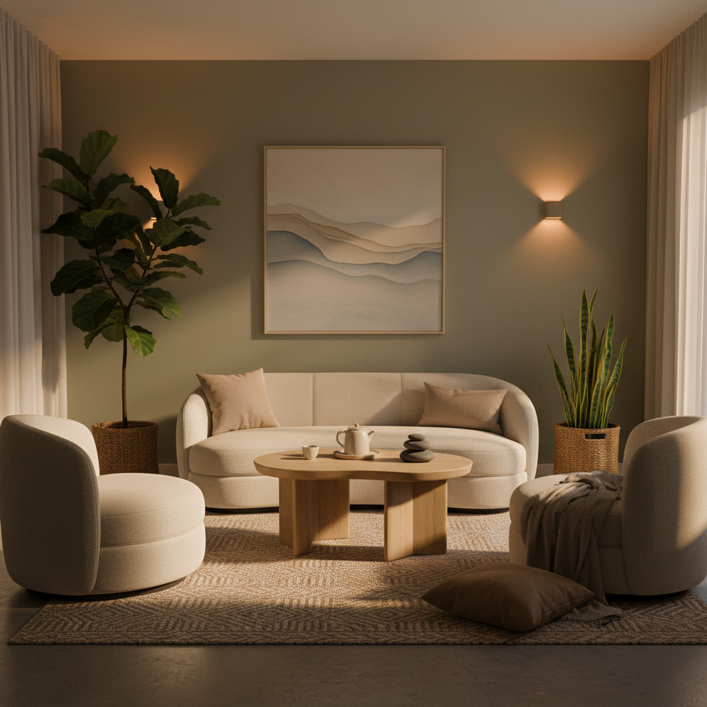 A quiet moment after your session helps the body absorb the full therapeutic benefit. Relaxing wellness space with soft lighting and comfortable seating area for post-massage recovery and rest