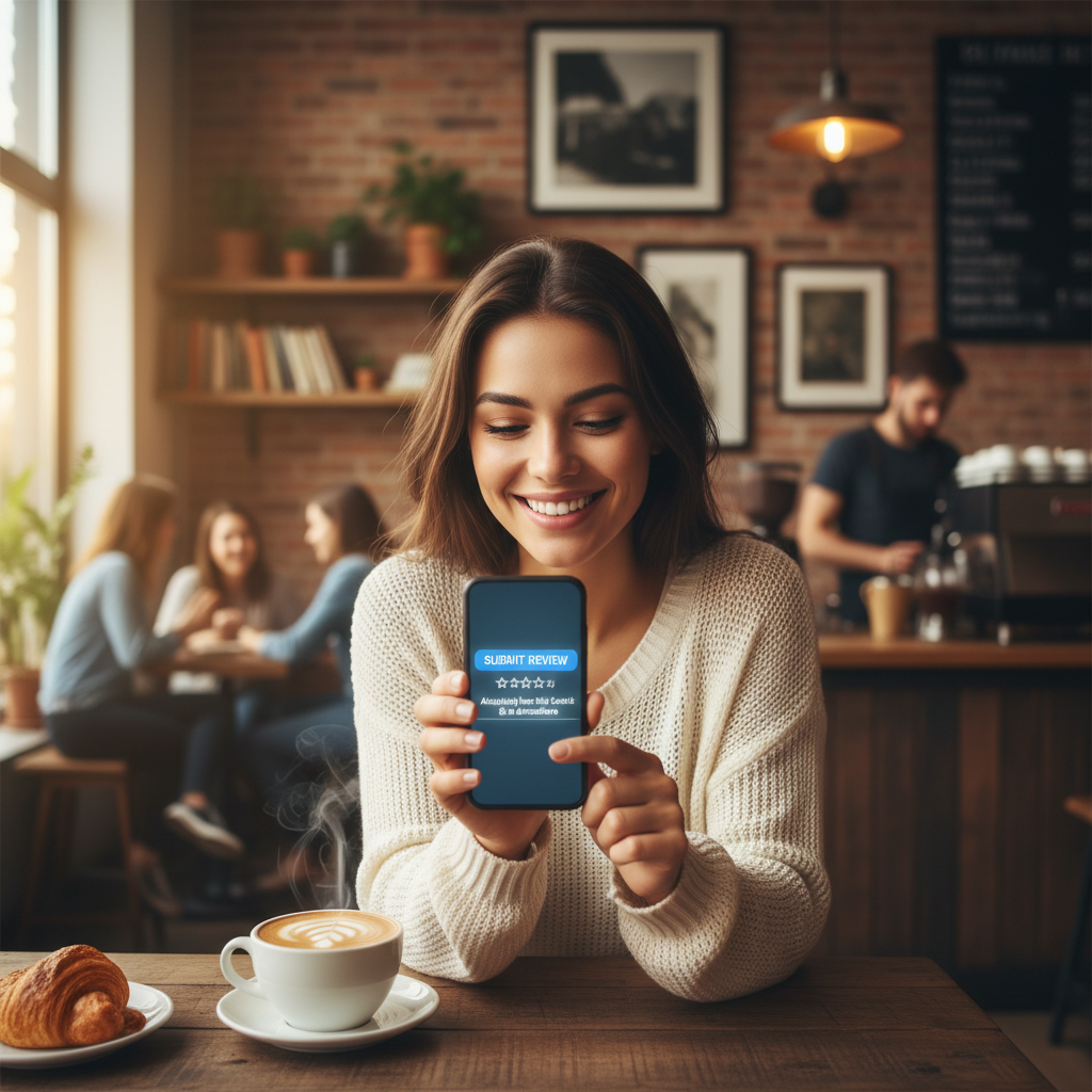 Capturing reviews at the moment of service is a cornerstone of the 2026 reputation blueprint. A happy customer in a coffee shop using her smartphone to leave a positive business review.