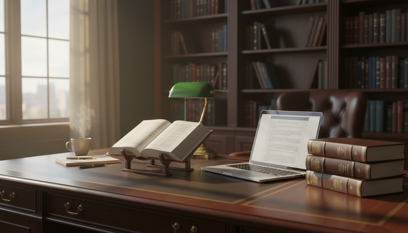 Organized documentation from counseling sessions can be a powerful asset in a custody hearing. A professional desk with legal books and a laptop, signifying the preparation needed for court documentation.