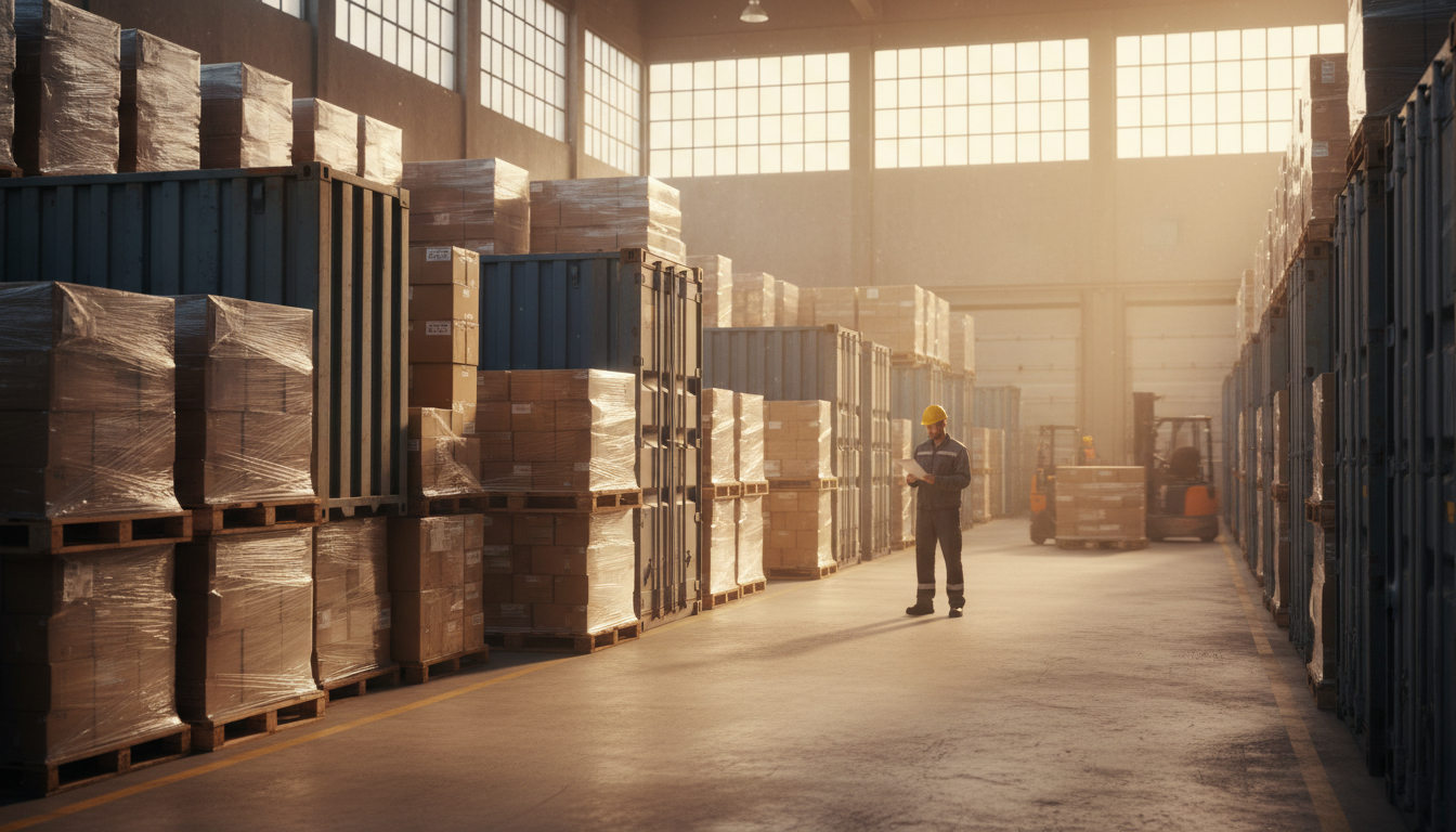 LTL shipments share space with other freight, allowing small businesses to split the cost of the trailer. Organized pallets and shipping containers stacked neatly in a distribution center with natural light.