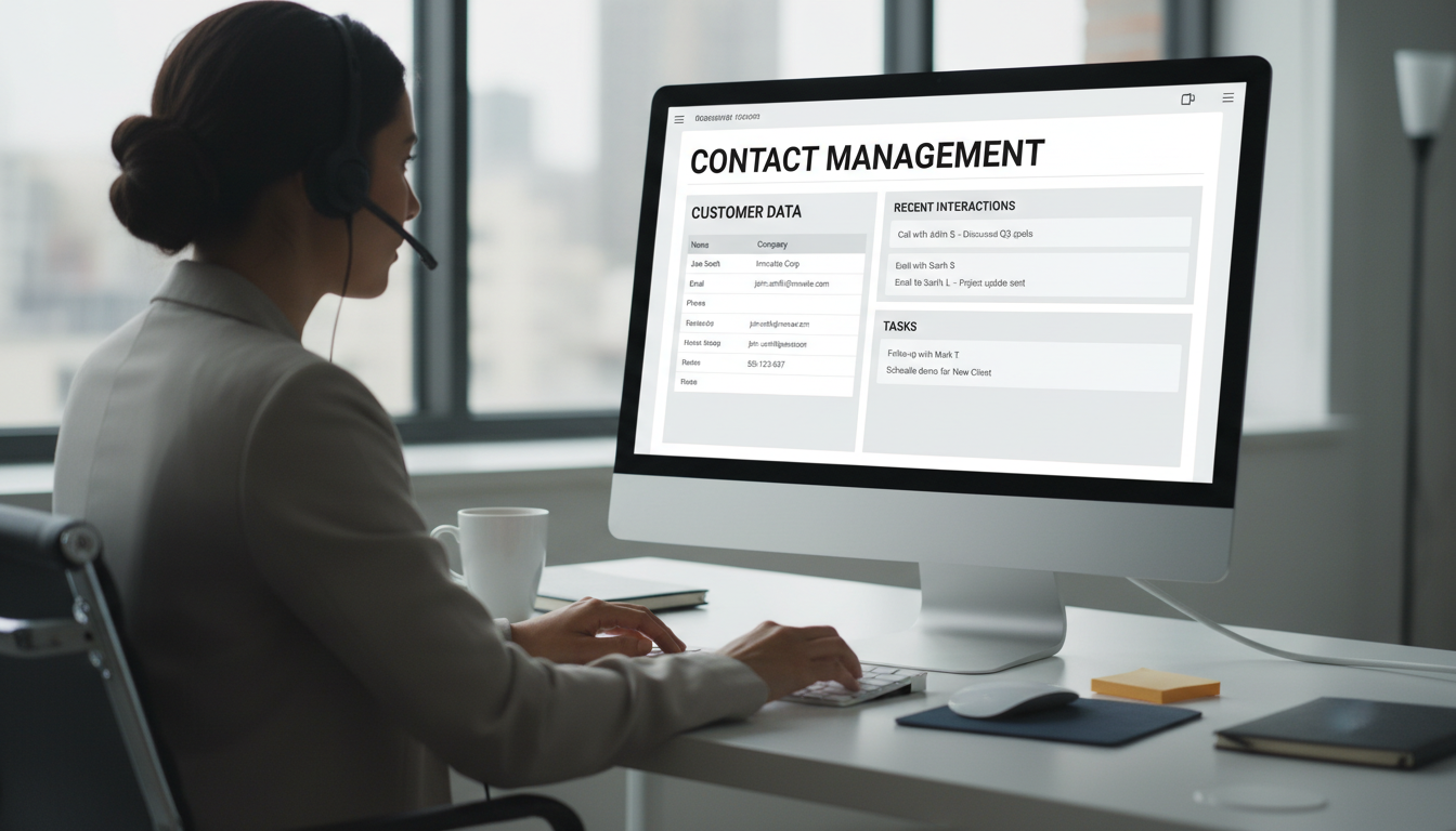 A CRM system centralizes customer data to help sales teams track leads and close deals more effectively. A professional using CRM software on a desktop computer, showing detailed customer data and contact management tools.