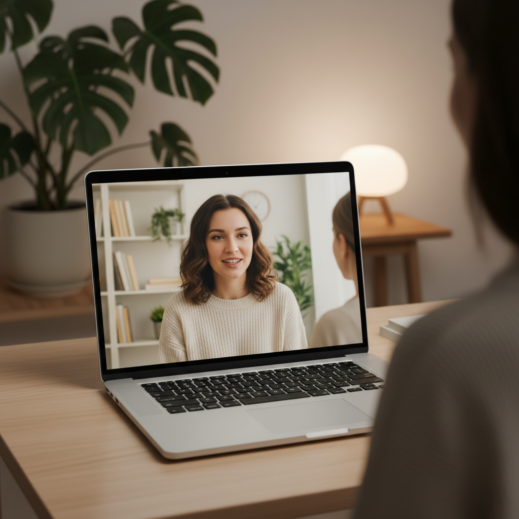 A first session is a conversation, not an assessment. Therapist conducting a warm and attentive online therapy session via video call on a laptop