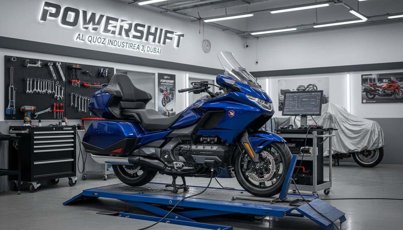 Regular service intervals are vital for maintaining peak performance in the UAE's demanding climate. A professional motorcycle mechanic servicing a modern sport motorcycle using digital diagnostic tools in a well-lit workshop.