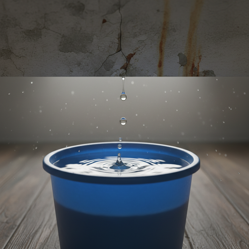 Interior damage to paint and flooring is often a direct result of roof failure during a storm. Water dripping from a ceiling into a bucket on a residential floor after a roof leak.
