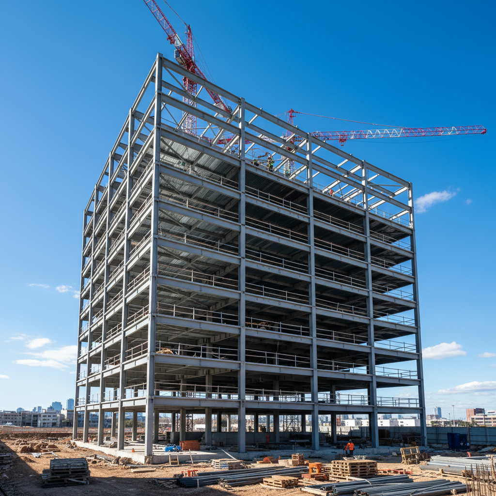 Steel framing offers unparalleled strength and durability for combined residential and shop use. The skeletal steel frame of a large building under a bright blue Utah sky.