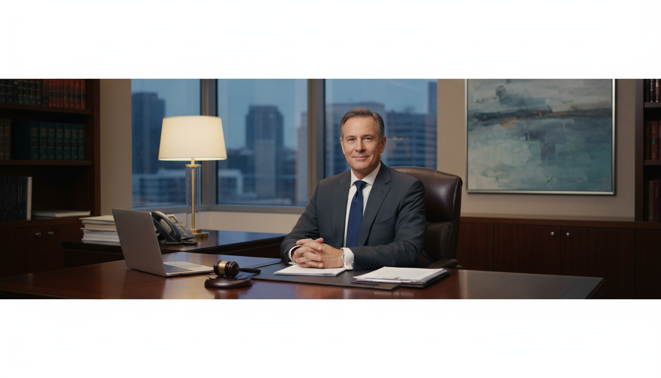 Experience matters: ensure the lawyer you hire is the one actually working your file. Professional male lawyer in his 50s sitting at his office desk with a confident and calm expression