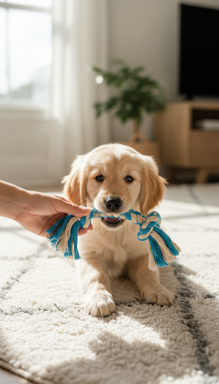 Swap high-energy fetch for gentle, low-intensity play as bedtime approaches. A puppy gently mouthing a soft rope toy during a calm evening play session.