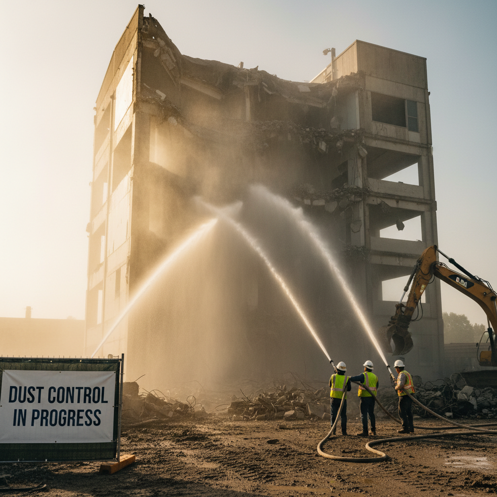 Dust control is a critical cost and compliance factor for demolition in Palm Desert. Demolition crew using a high pressure water spray to control dust clouds on a job site.