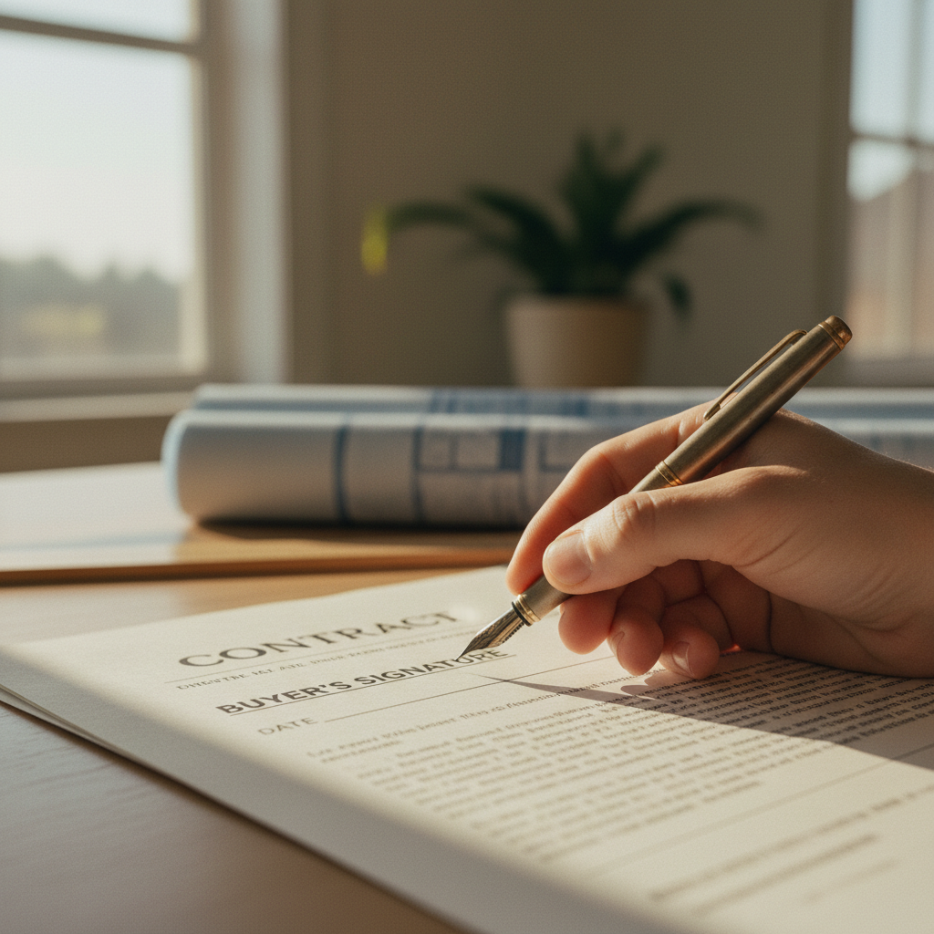 Navigating NJ equitable distribution requires careful review of all marital property contracts. Close up of a hand holding a pen over a real estate contract and legal documents for a divorce settlement.