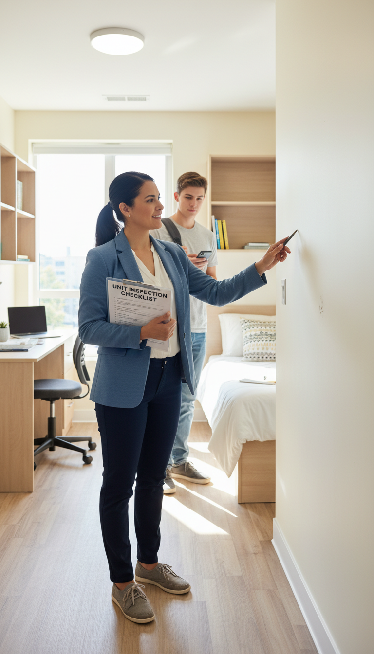 A thorough final punch list ensures every unit meets the highest standard before new residents arrive. A property manager with a clipboard conducting a final quality control inspection in a modern student apartment unit