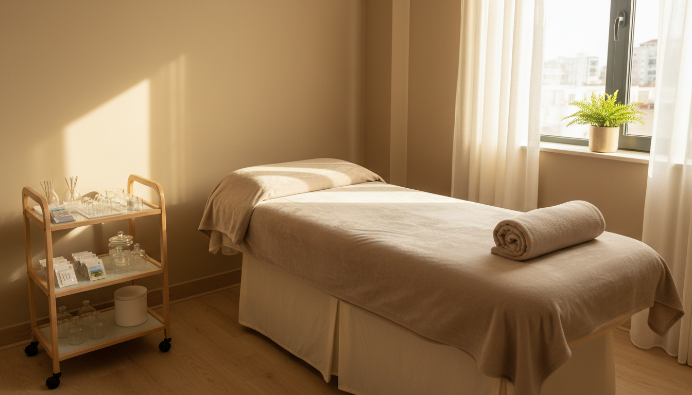 Our specialized treatment space in Loveland is designed for focused fascial and postural recovery. A clean and modern clinical treatment room in Loveland with a treatment table and cupping supplies.