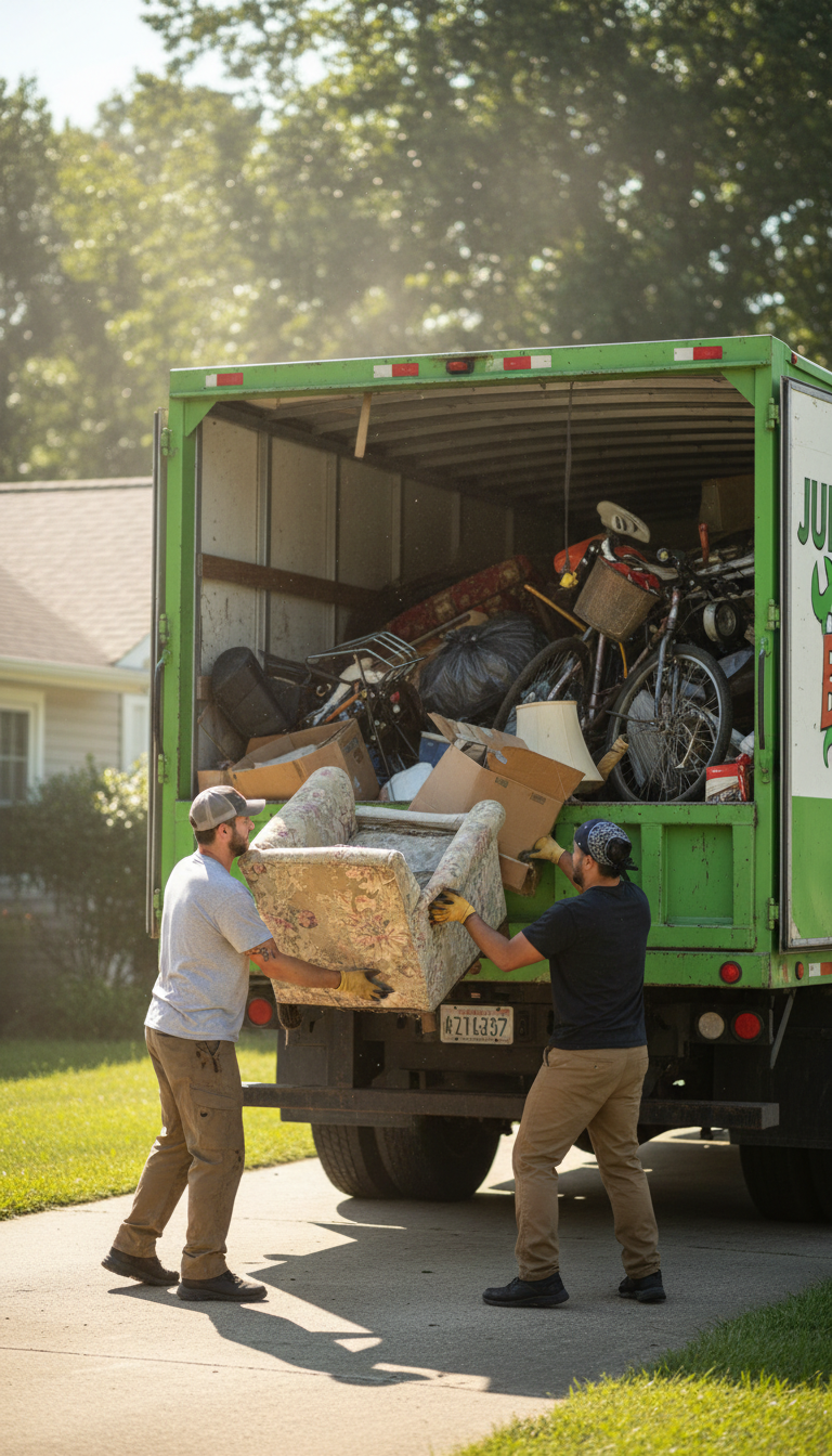 Garage cleanouts often provide easier access for junk removal trucks, speeding up the process. Junk removal truck partially filled with household items being loaded by workers in a driveway.
