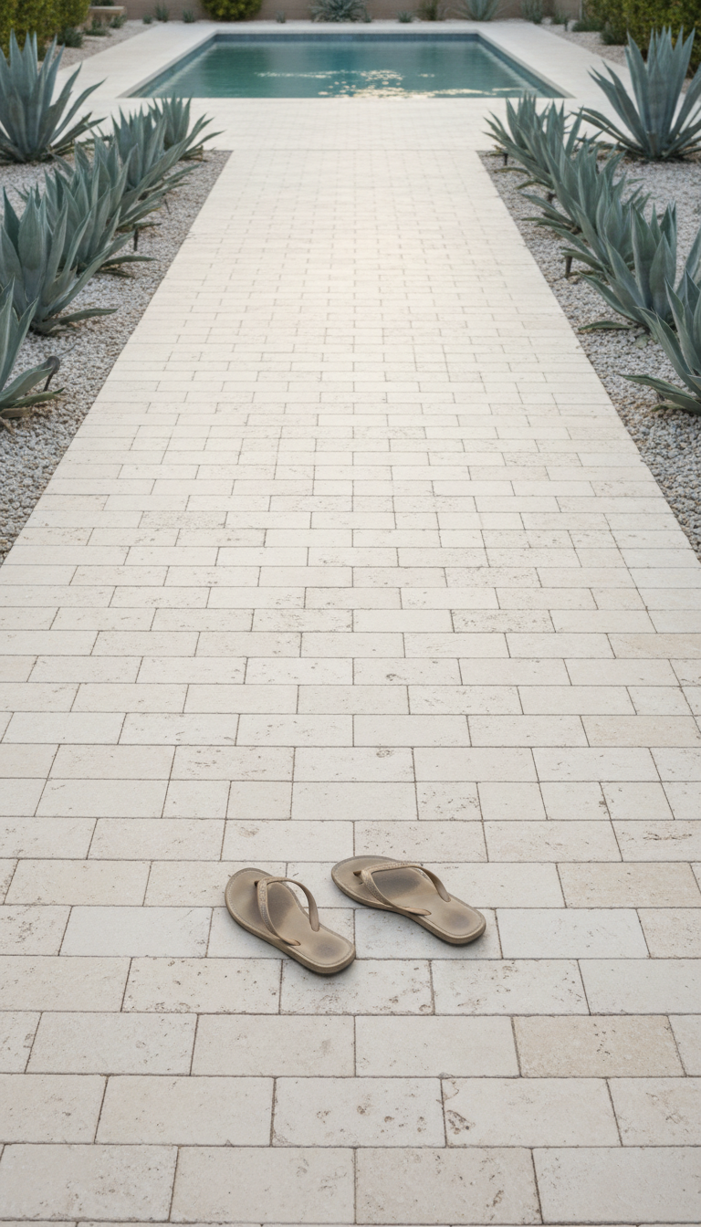 Tight joints and proper edge restraints are the hallmarks of a professional paver installation. Travertine walkway in Palm Desert with clean running bond pattern and tight joints.