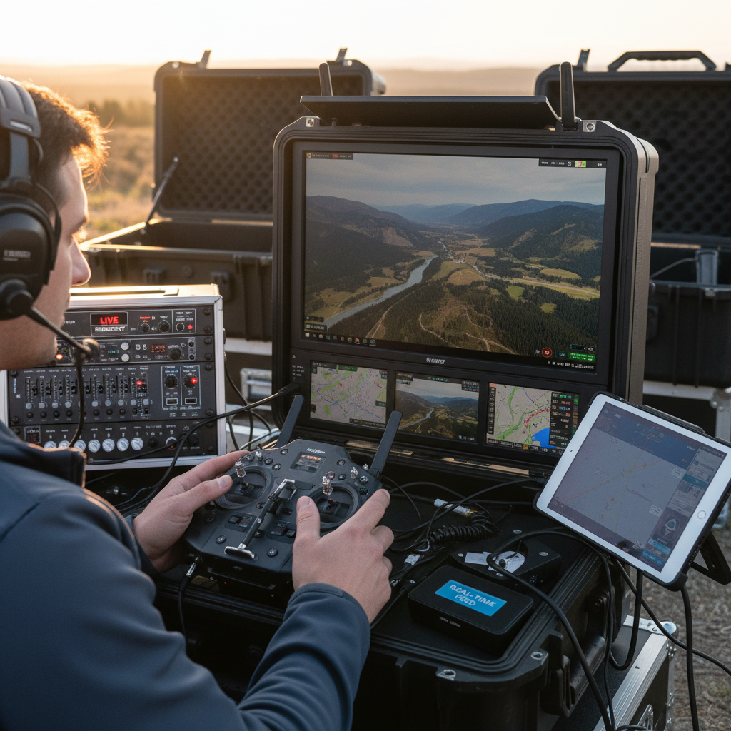Licensed operators manage GACA coordination, airspace permits, and safety protocols on every flight. Professional drone pilot at control station monitoring live feed and broadcast equipment during a licensed commercial operation