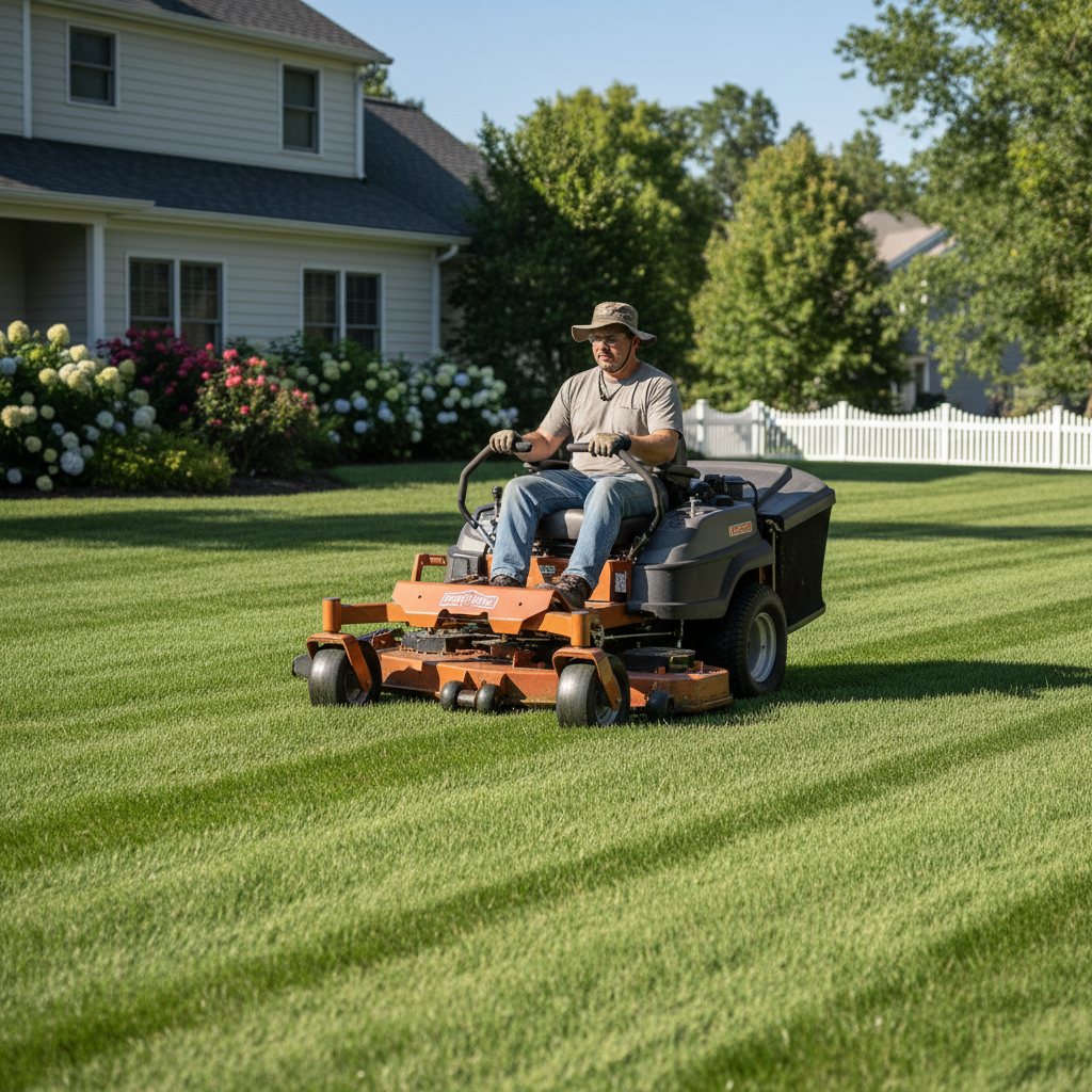 Proper watering schedules lead to deep root systems and a more resilient Utah lawn. A professional landscaper operating a lawn mower on a healthy, vibrant green residential lawn.