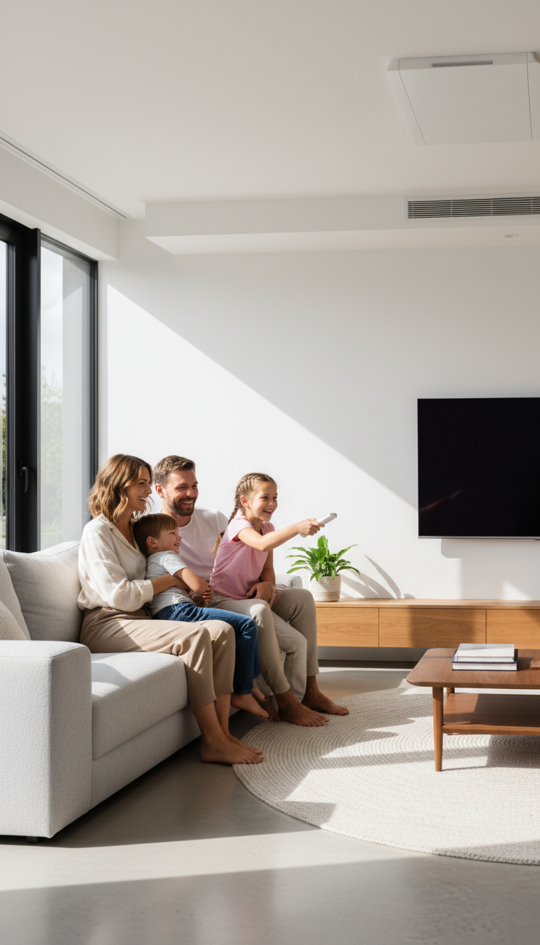 Our goal is to restore your home's comfort as quickly as possible during a heat wave. A happy family relaxing in a cool, comfortable living room after their air conditioning was repaired.
