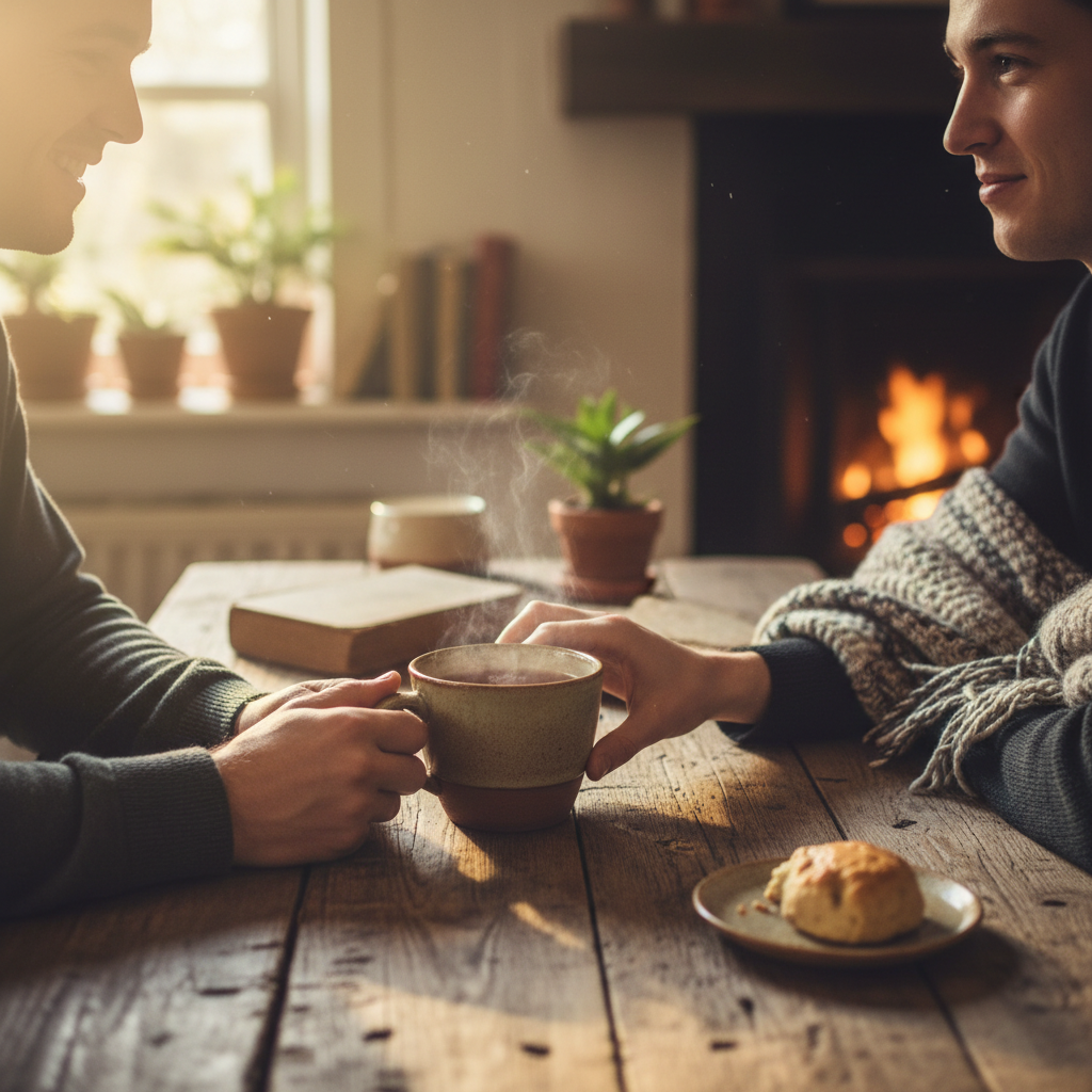 Viewing your situation through the lens of a supportive friend often reveals the most honest answer. Two people sitting at a wooden table, their hands lightly touching over a shared cup of tea in a warm setting.