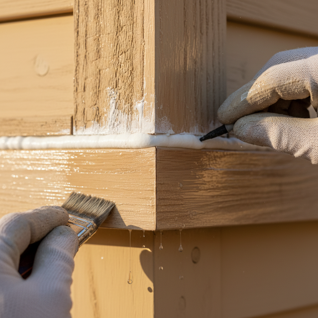 Detailed weatherproofing at the joints and corners is essential for desert energy efficiency. Close up shot of precision caulking and sealing on exterior trim to prevent energy loss and water damage.