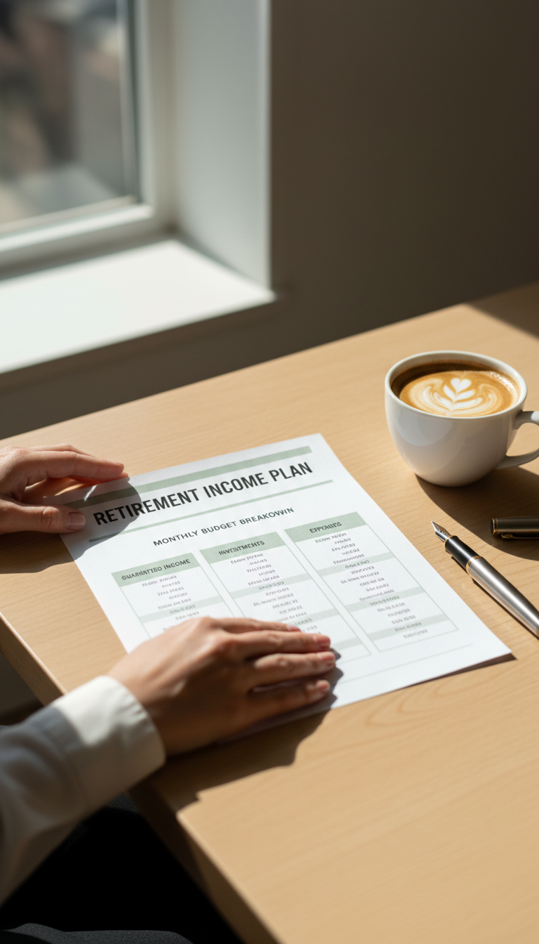 Proactive planning in Gilbert, AZ, helps retirees adjust their MAGI dial before tax season arrives. A financial advisor's hands reviewing a structured retirement income plan showing monthly budget breakdowns.