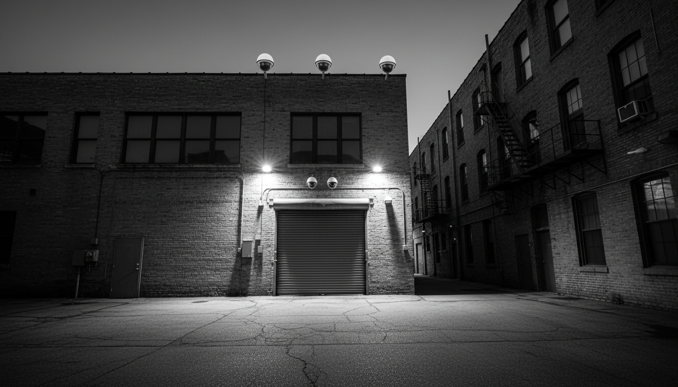 Strategic camera placement ensures every entry point and loading bay is monitored 24/7. High-contrast view of commercial building exterior with dome cameras strategically placed above the rear loading doors and roofline.