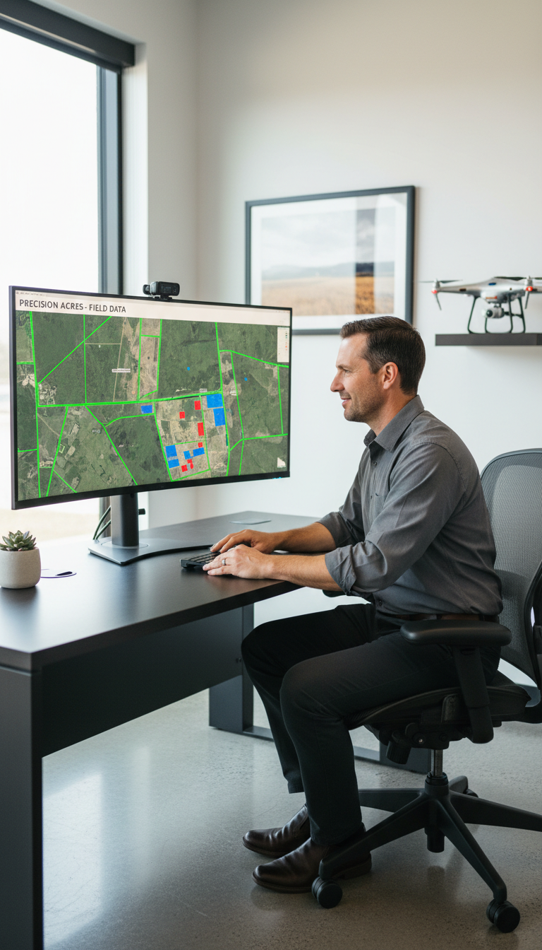 Accurate digital maps are the foundation of a defensible SFI26 application. Agronomist in an office reviewing RTK accurate field boundaries on a computer monitor for an SFI application