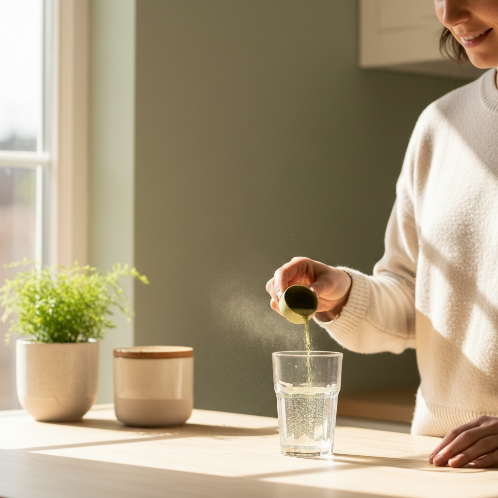 Starting with a smaller serving size helps your digestive system adjust to new fiber and nutrients. A person in a sunlit kitchen pouring a scoop of green superfood powder into a glass of water.