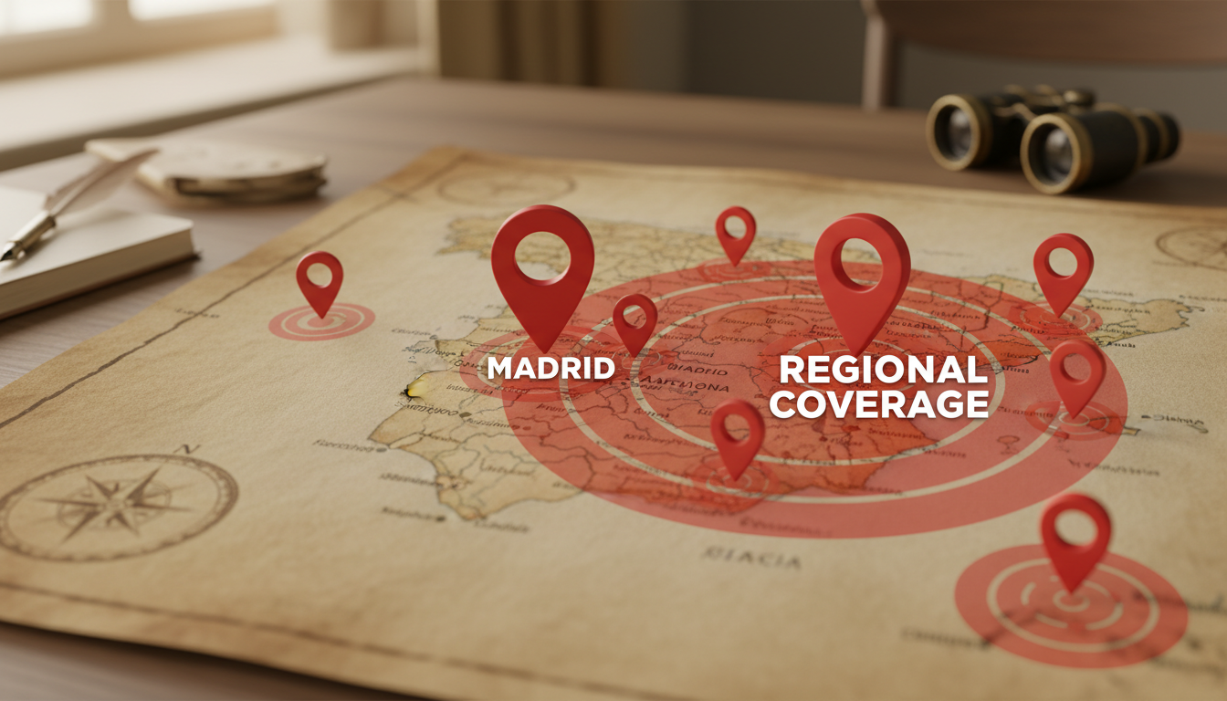 Madrid mantiene un tipo impositivo del 4 por ciento, uno de los más bajos de la península. Mapa de España destacando la Comunidad de Madrid para la gestión de impuestos de vehículos