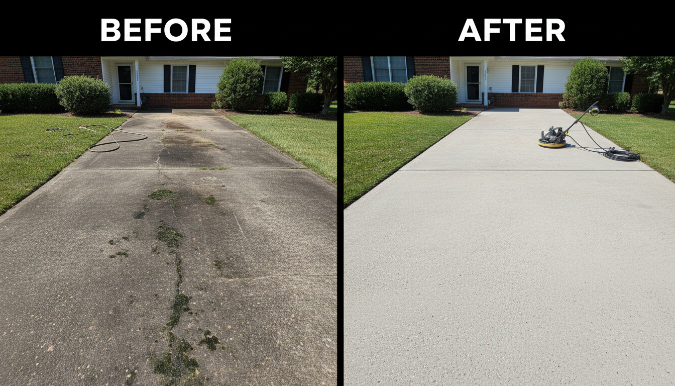 High pressure is the most effective way to restore concrete surfaces to like new condition. A side by side comparison showing a dirty concrete driveway being transformed by professional pressure washing.