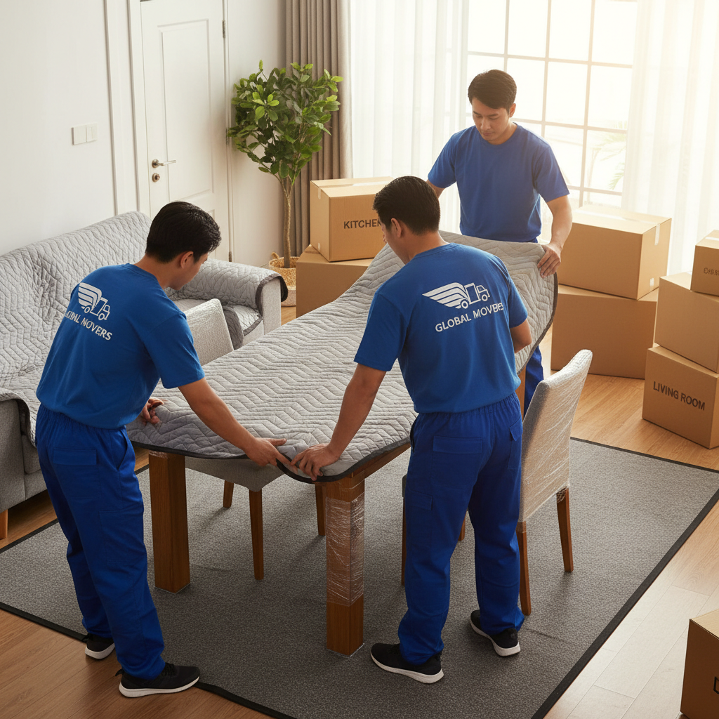 Specialized packing techniques are essential for military families frequently on the move. Movers using protective blankets and high-quality packing materials to wrap and secure furniture for a long-distance move.