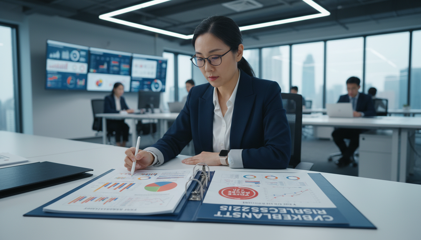 A thorough risk assessment quantifies threats before they become incidents. Cybersecurity expert reviewing a risk assessment report showing charts and threat metrics
