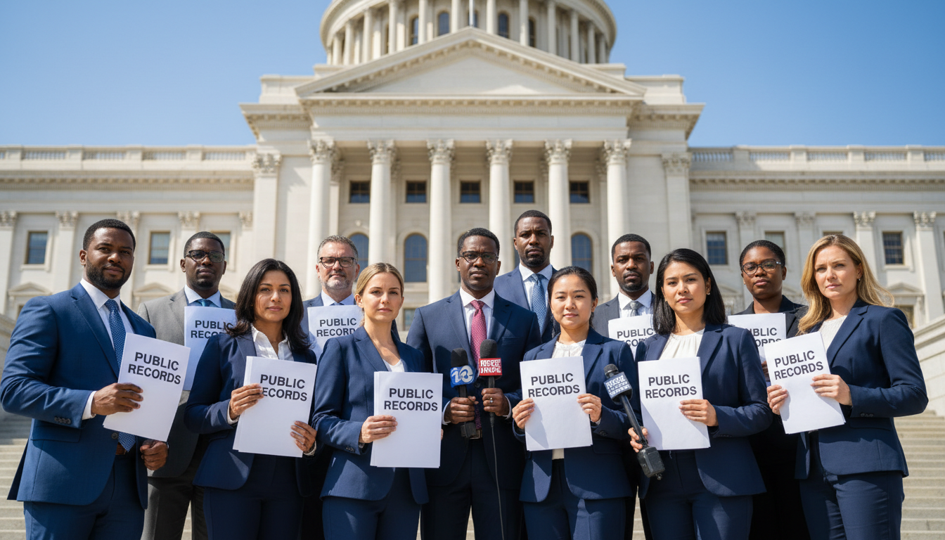 Public interest groups often use the CPRA to expose misconduct and inform the public. Legal professionals and media members holding documents in front of a government building to demand accountability.