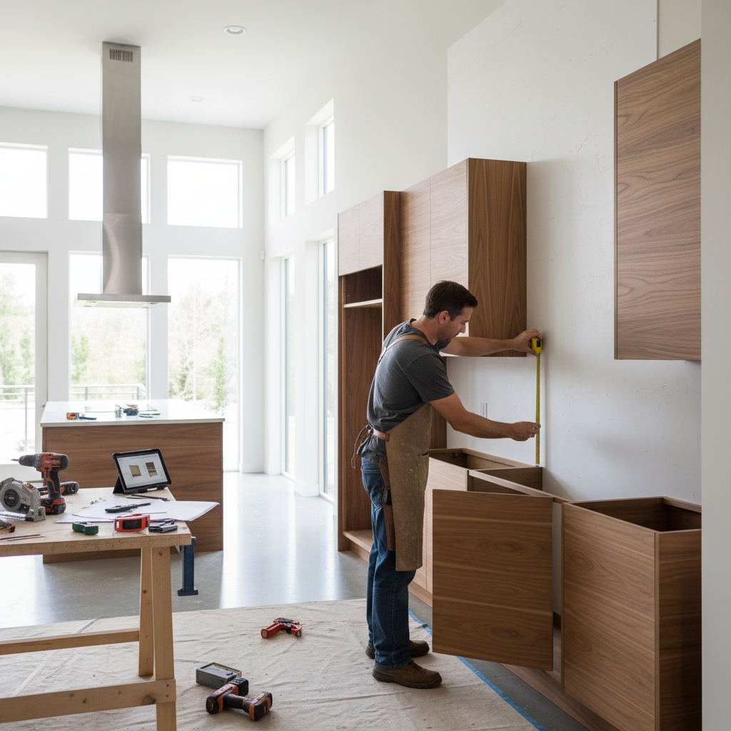 Professional installation ensures that complex storage solutions like pull-outs function perfectly. A professional installer measuring and fitting custom wood kitchen cabinets in a modern home.