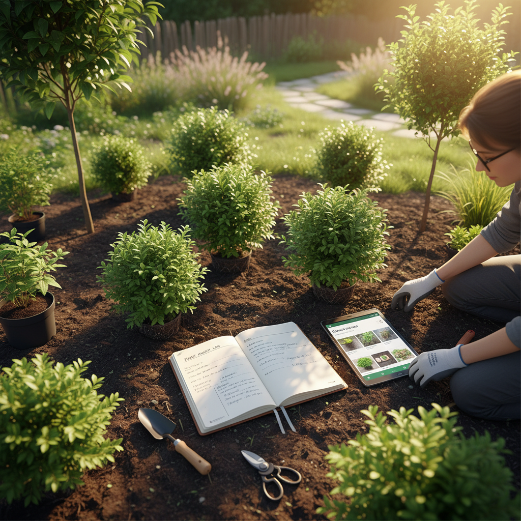 Consistent monitoring during the first two years is critical for high desert plant establishment. An overhead view of a gardener reviewing plant health notes next to newly planted shrubs in a landscape setting.