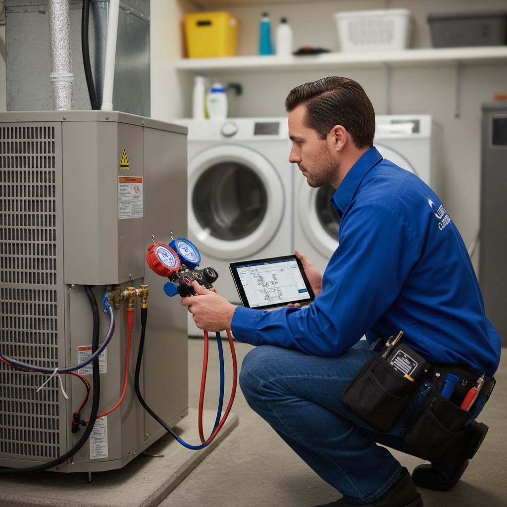 A quick professional diagnostic can often identify simple fixes before they become major repairs. A technician performing air conditioning system diagnostics using professional gauges and tools in a residential home.
