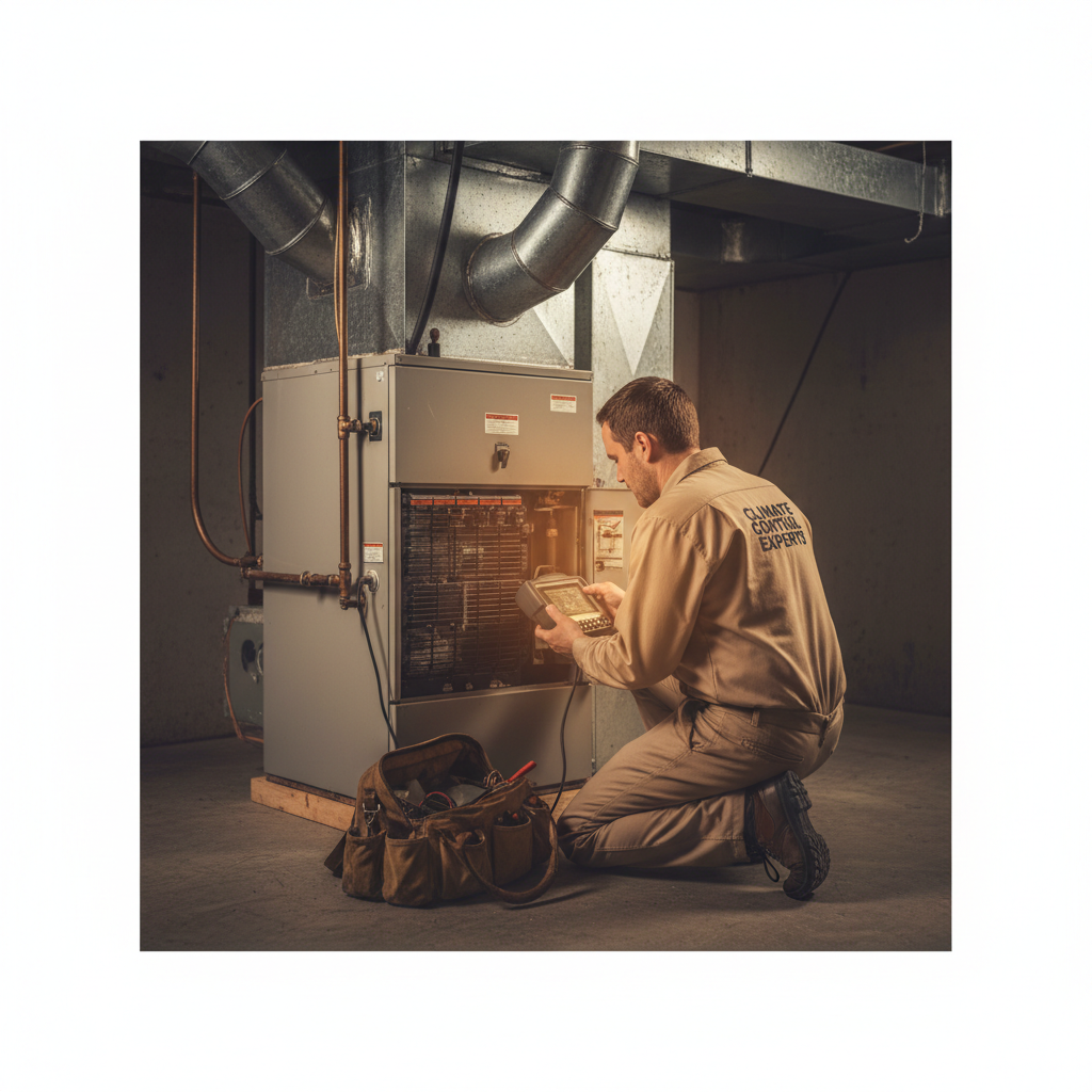 A thorough diagnosis can identify small noises before they turn into major failures. Technician kneeling in front of a residential furnace unit using diagnostic tools to identify the source of unusual noises.