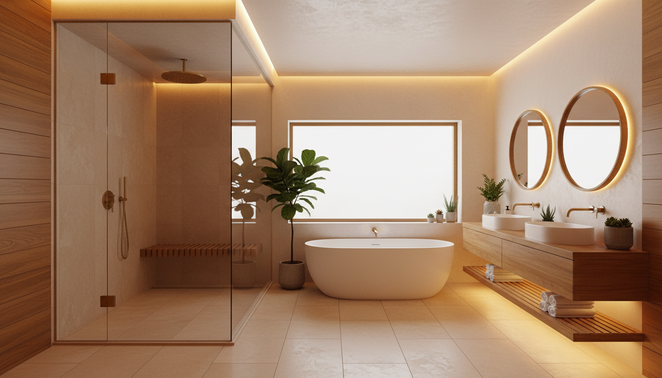 This is what structured project management and clear communication look like when the dust settles. Spa-style bathroom with warm wood accents, large shower with rainfall showerhead, and soft ambient lighting