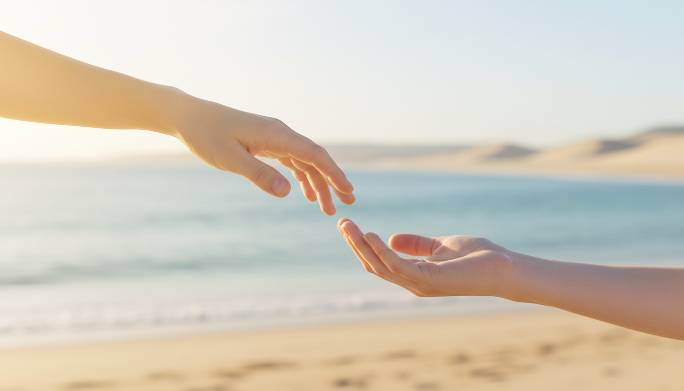 The connection between the brain and body is never more apparent than during the menopause transition. Two hands reaching toward one another against a neutral background, suggesting connection and support.