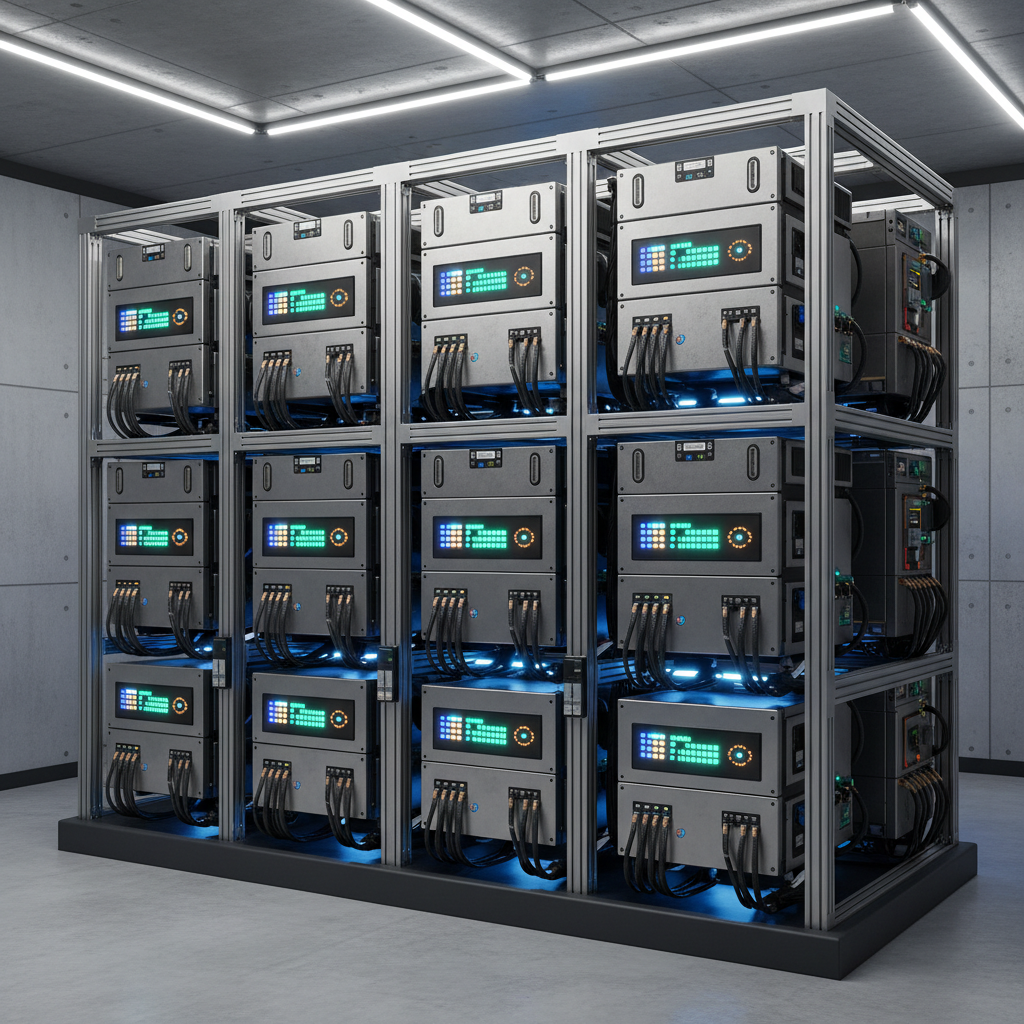 Battery energy storage systems are becoming essential infrastructure for industrial electrification at Canadian sites. Energy storage battery modules installed in an industrial facility, showing stacked units with status indicators and clean overhead lighting