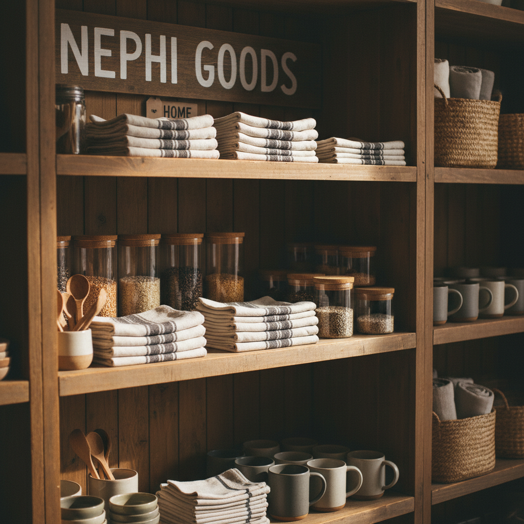 Quality textiles and storage solutions form the backbone of a functional non-food pantry. Stack of clean dish towels and organized storage containers on rustic wooden shelving in a retail setting.