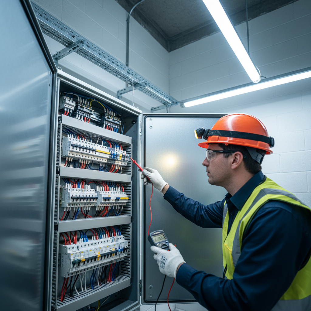 Rigorous testing with diagnostic tools is a standard part of our EV charger installation process. Electrician in safety gear using a multimeter to test a new electrical panel installation.