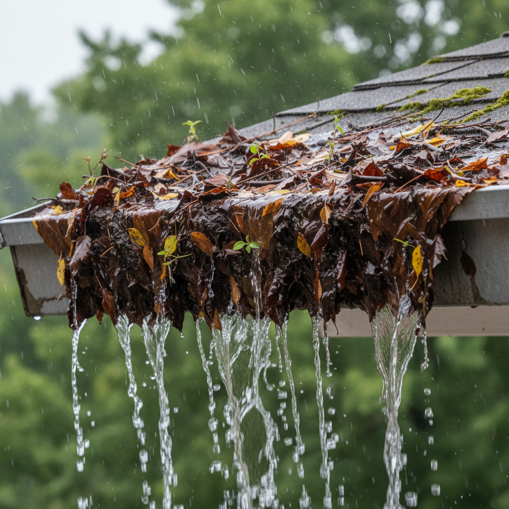 Check your gutters for heavy granule buildup after a storm, a sign of roof surface loss. Overflowing roof gutter filled with debris and water after a heavy North Texas storm