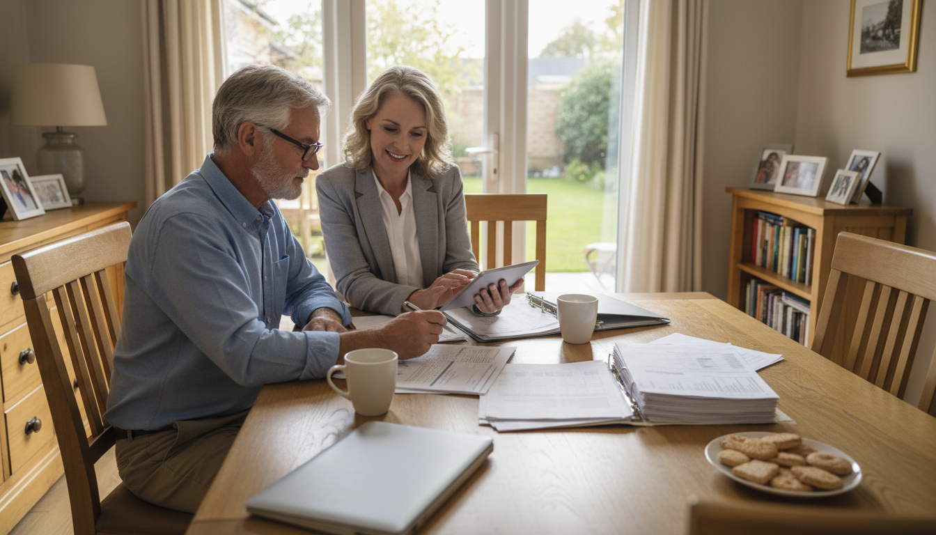 Implementing a bucket strategy can help ensure you never have to sell investments at a loss to cover your monthly bills. A senior couple reviewing financial documents at home with a trusted advisor to plan their income strategy.