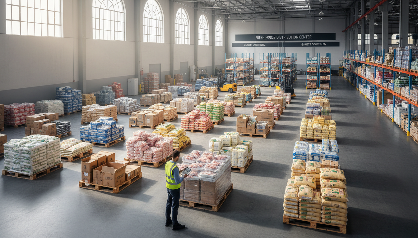 Modern warehouse interior with organized pallets of poultry and pantry staples, worker checking inventory with tablet Modern warehouse interior with organized pallets of poultry and pantry staples, worker checking inventory with tablet