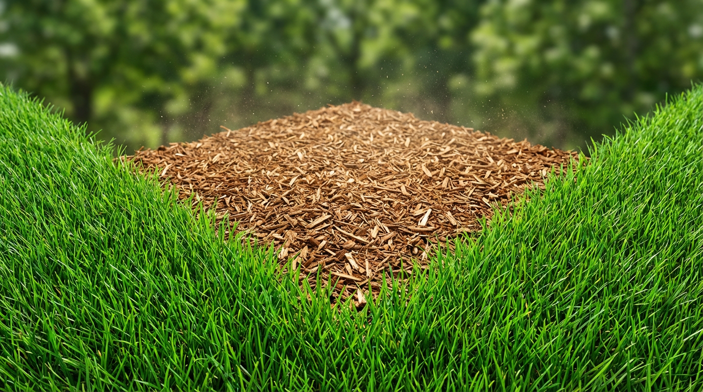 Unlike herbivore manure, dog waste can actually damage your Frisco lawn's health. A close up of pet waste in green grass illustrating how it does not simply disappear or fertilize the lawn.