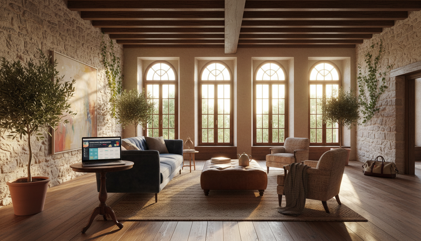 Historic European apartment living room with stone walls, wooden beams, and laptop showing property management dashboard among comfortable furnishings Historic European apartment living room with stone walls, wooden beams, and laptop showing property management dashboard among comfortable furnishings