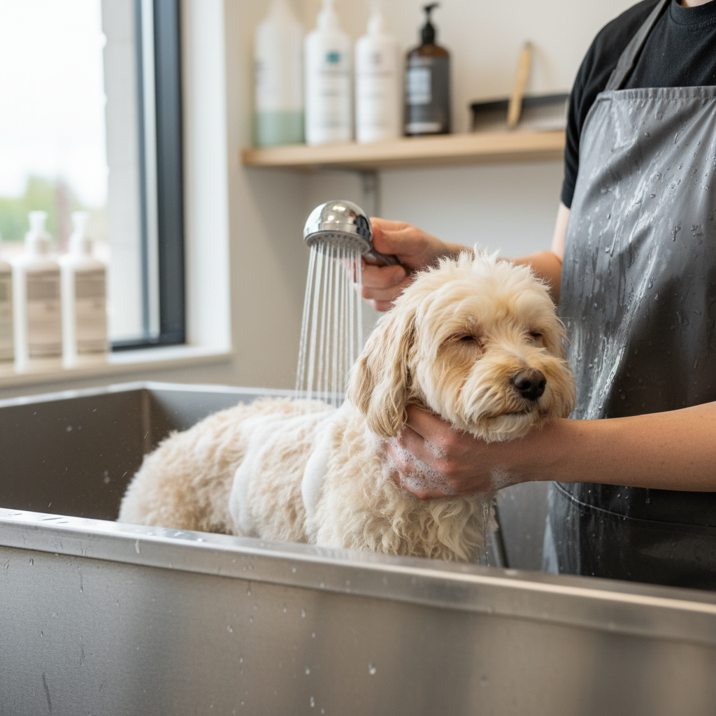 Professional groomer's hands gently bathing a small fluffy dog in grooming tub with warm running water and soap