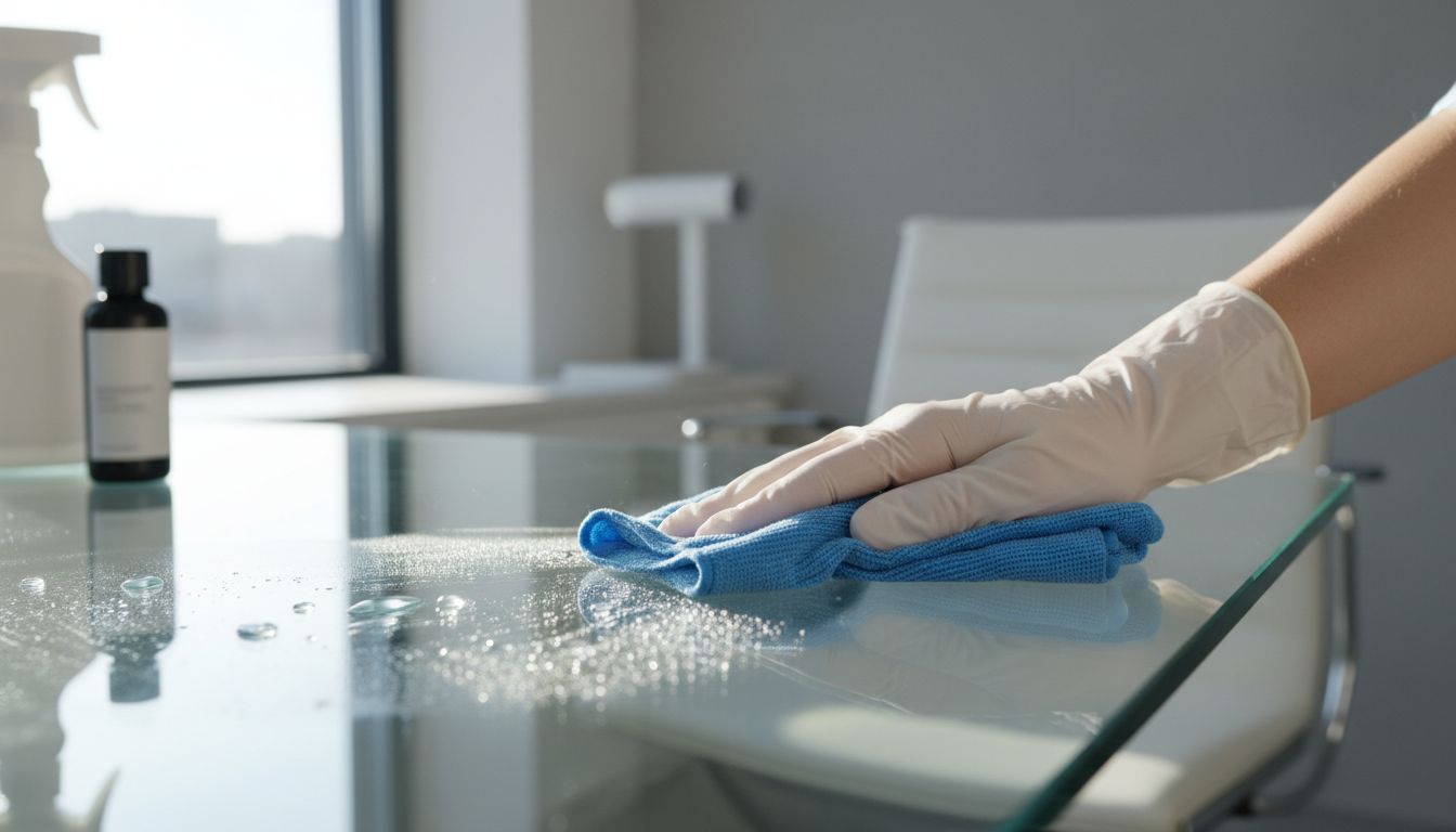 Sanitizing high-touch surfaces like doorknobs is critical for guest safety and 5-star reviews. A hand in a yellow glove spraying sanitizer on a doorknob and wiping it with a microfiber cloth.